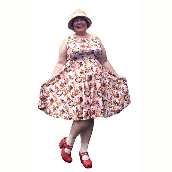 tie-waist midi dressesWhole Lotta Hilda Dress midi-length skater-style circle dress featuring plus size pin-up pics