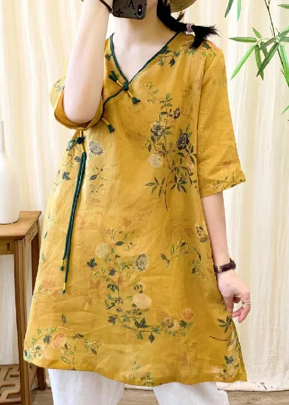 wrap-around midi dressesVintage Yellow V Neck Print Chinese Button Linen Mid Dress Summer