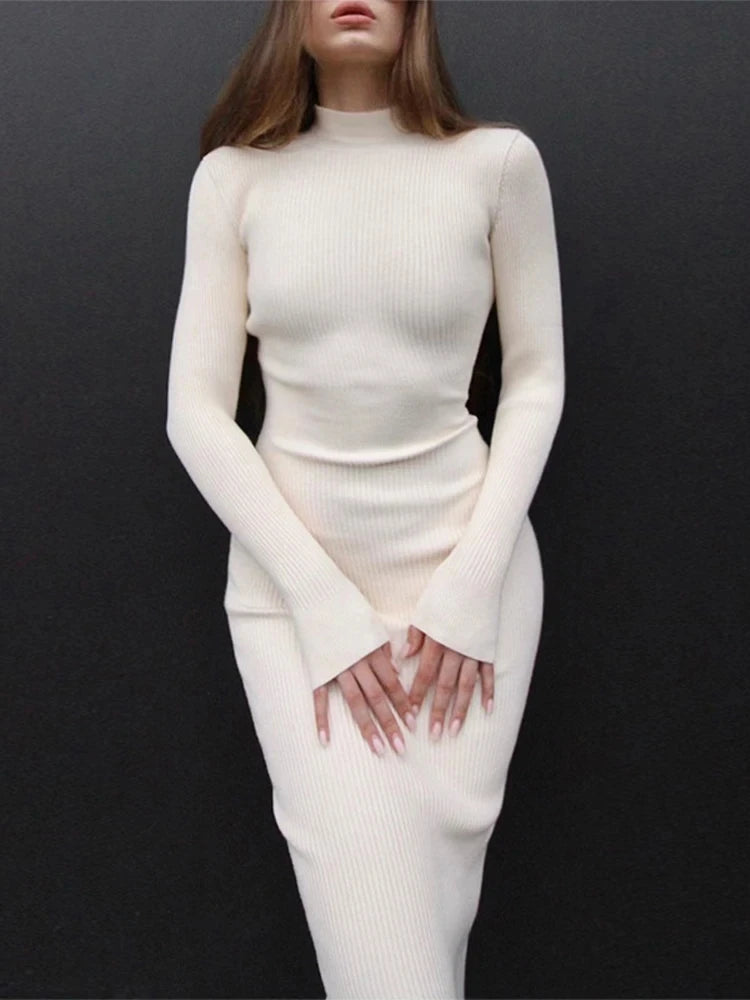 casual chic midi dressesDressBetty - 2024 Knitted White Turtleneck Elegant Fashion Midi Bodycon Dress