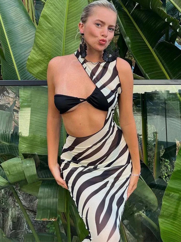 off-the-shoulder midi dressesZebra Transparent Striped Cut Out Vacation Midi Dresses