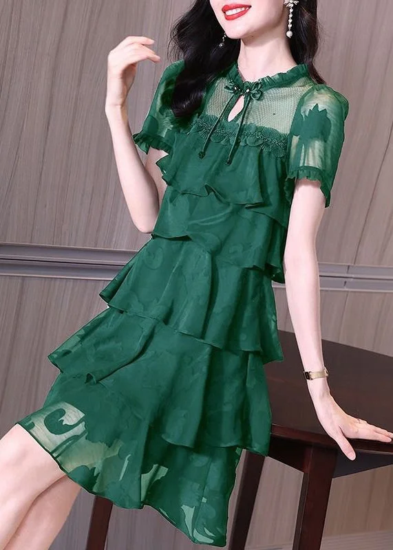 plus-size casual midi dressesClassy Green Ruffled Button Patchwork Chiffon Mid Dress Summer