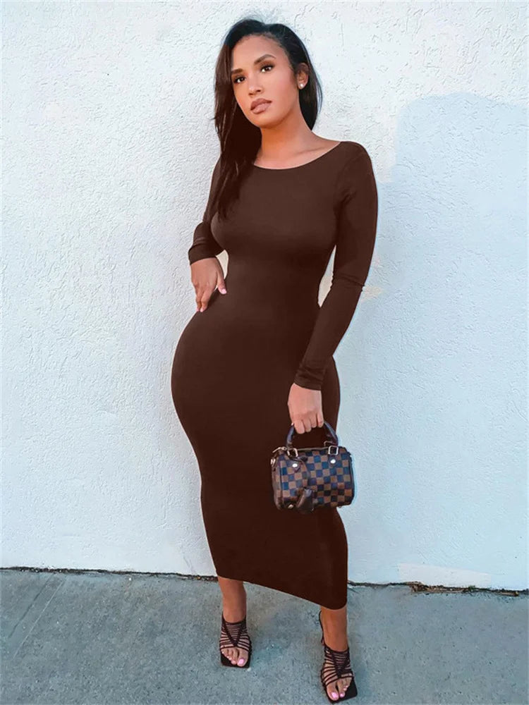 mid-length midi dressesDressBetty - 2024 Elegant Backless Brown Long Sleeve Midi Bodycon Dress