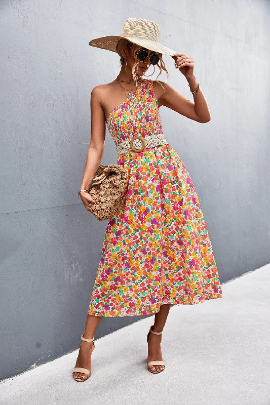 midi dresses with sheer sleevesFloral Smocked One-Shoulder Midi Dress