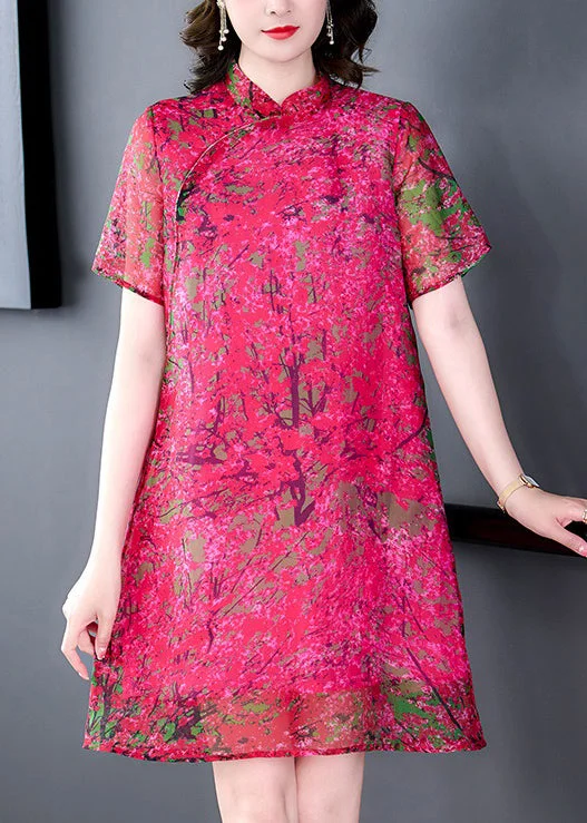 midi dresses with sleevesElegant Rose Stand Collar Print Silk Mid Dress Summer