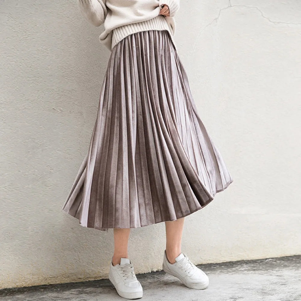 cinched-waist midi dressesMetallic Silver Pleated High Waist Casual Party Skirt Midi Dresses