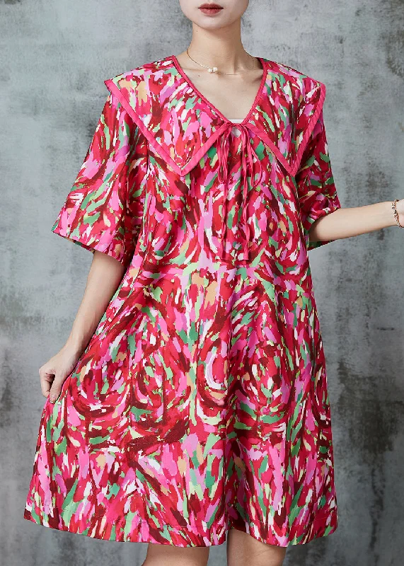 midi dresses with adjustable strapsLoose Red Peter Pan Collar Print Cotton Mid Dress Summer