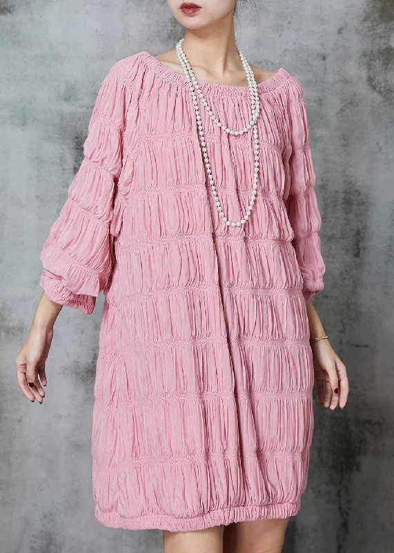 chic midi dressesFine Pink Slash Neck Wrinkled Cotton Mid Dress Spring