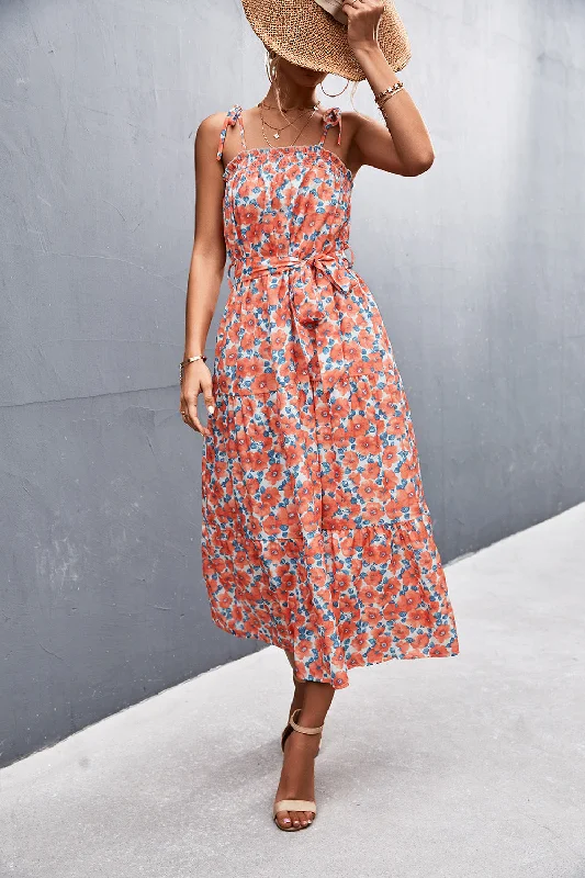 body-hugging midi dressesFloral Tie-Shoulder Belted Midi Dress