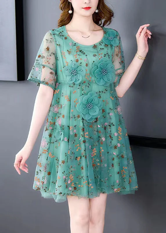 midi wrap dressesItalian Green O Neck Embroidered Tulle Mid Dress Summer