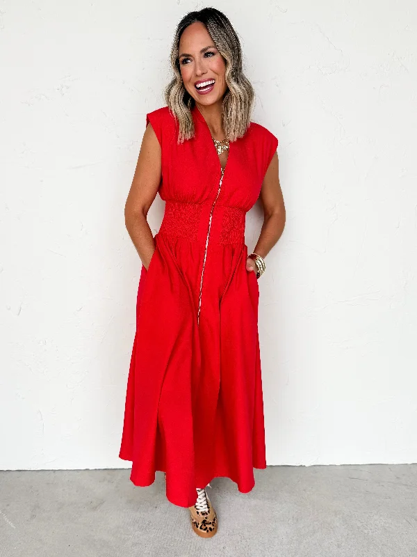 midi dresses with sheer sleevesThink Positive Thoughts V Neck Midi Dress-Red