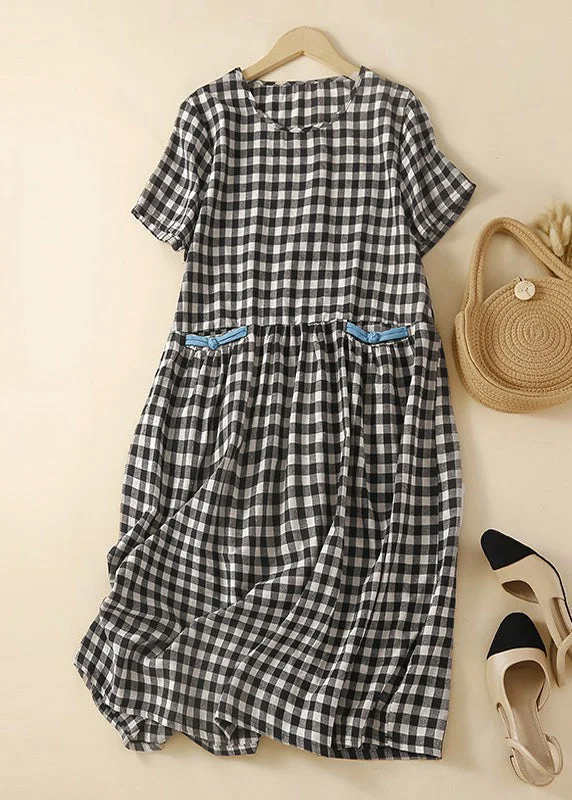 spaghetti strap midi dressesCasual Black Plaid O-Neck Patchwork Cotton Mid Dress Summer