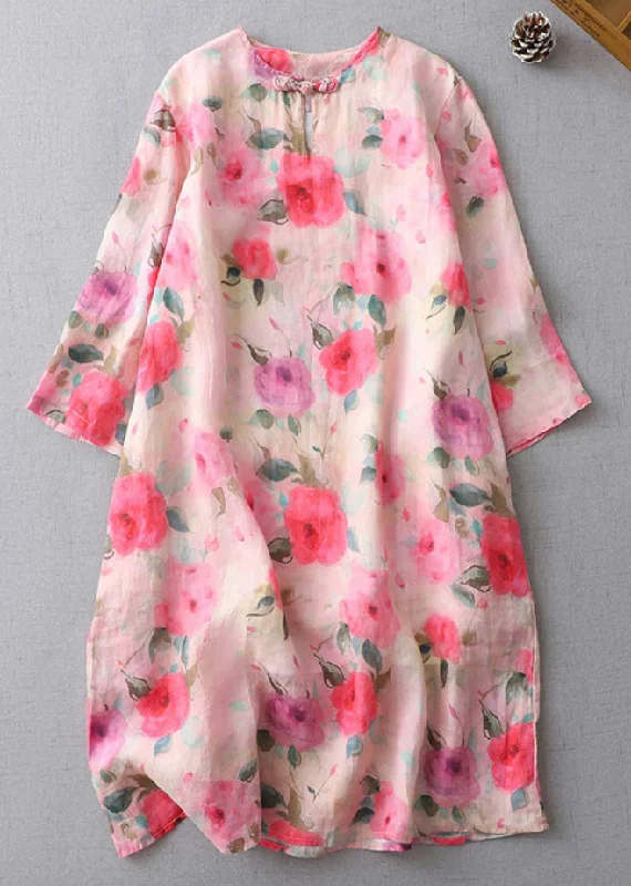 midi sheath dressesBeautiful Print O-Neck Button Cotton Mid Dress Half Sleeve