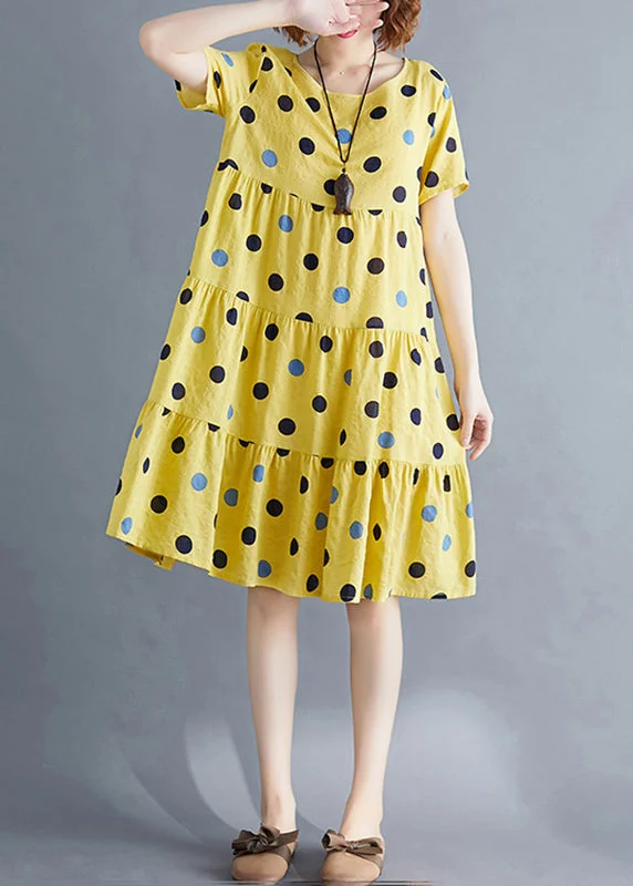 midi dresses for summerArt Yellow Dot Print Patchwork Holiday Mid Dress Short Sleeve