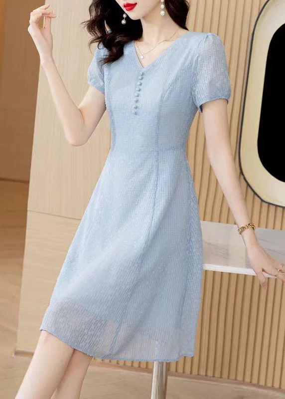 midi dresses with sheer sleevesModern Light Blue V Neck Tulle Mid Dress Short Sleeve