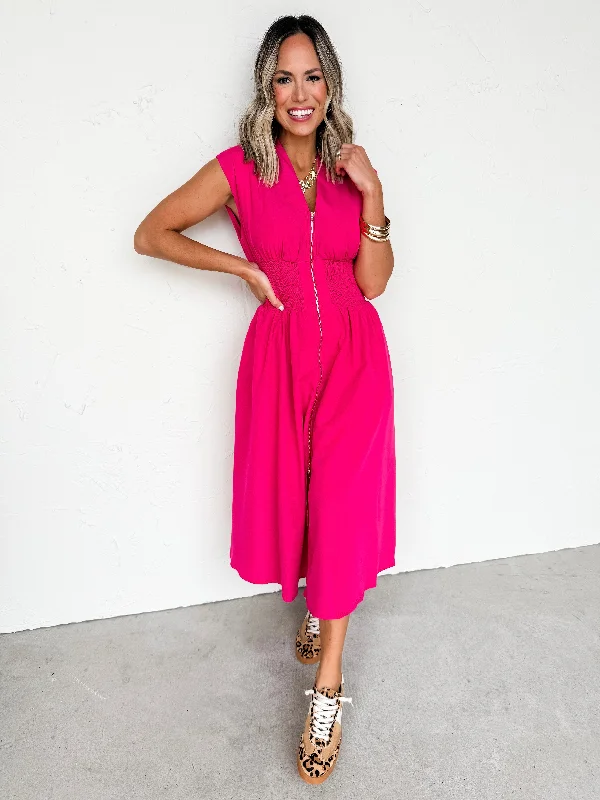 midi dresses with pockets and sleevesThink Positive Thoughts V Neck Midi Dress-Magenta