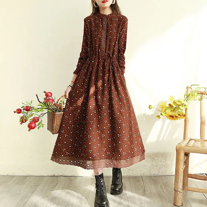 everyday midi dressesDressBetty - 2024 Vintage Loose Long Sleeve Cotton Linen Print Midi Boho Dress