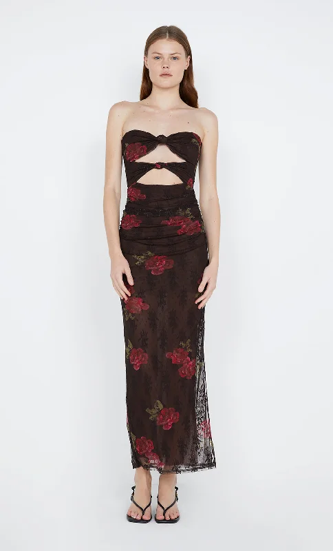 women's velvet dressesDESERT ROSE STRAPLESS DRESS - CHOC FLORAL