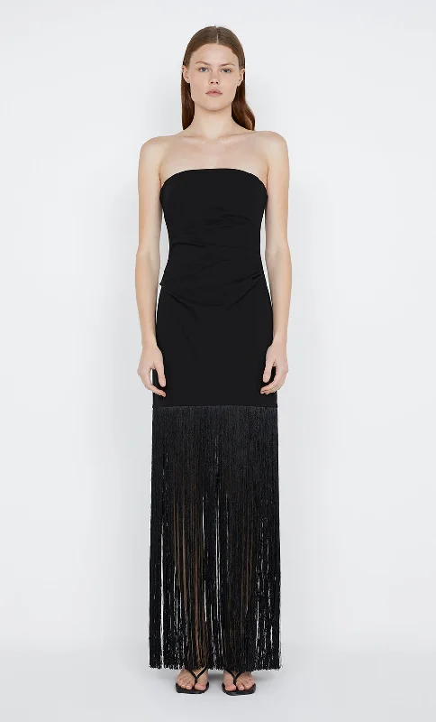 women's maxi dressesWILDER FRINGE DRESS - BLACK