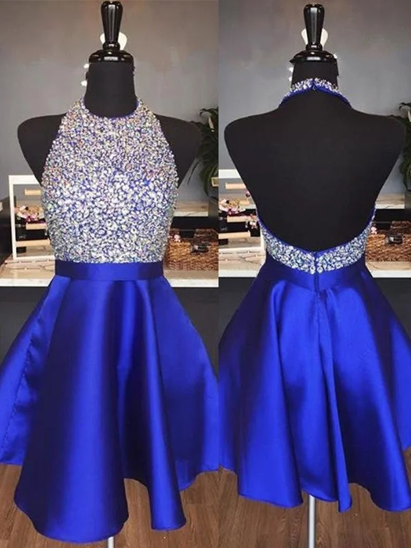 breathable party dressesA-Line Halter Cut Short With Beading Satin Royal Blue Homecoming Dresses