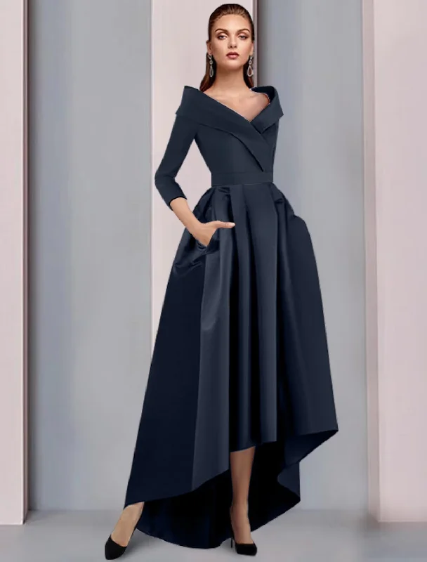 trendy wedding dressesA-Line Mother of the Bride Dress Elegant High Low Sweet Spaghetti Strap Asymmetrical Tea Length Satin 3/4 Length Sleeve with Pleats