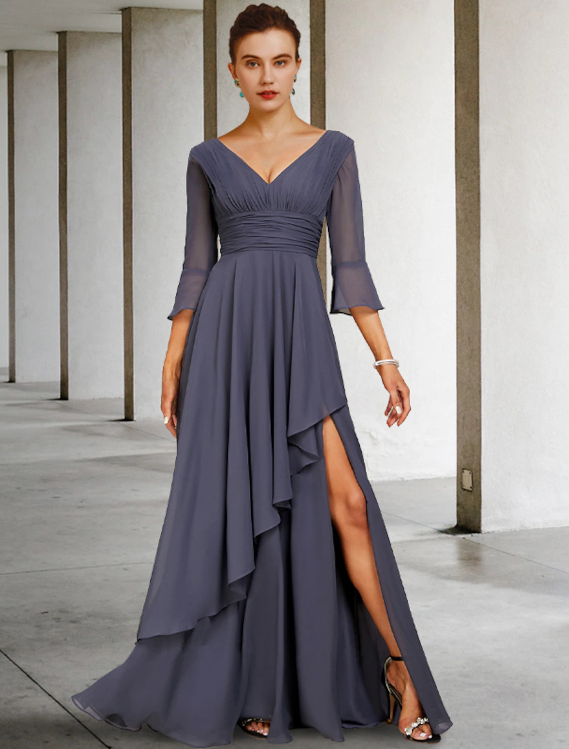 bohemian wedding dressesA-Line Mother of the Bride Dress Elegant High Low V Neck Asymmetrical Floor Length Chiffon 3/4 Length Sleeve with Split Front Ruching