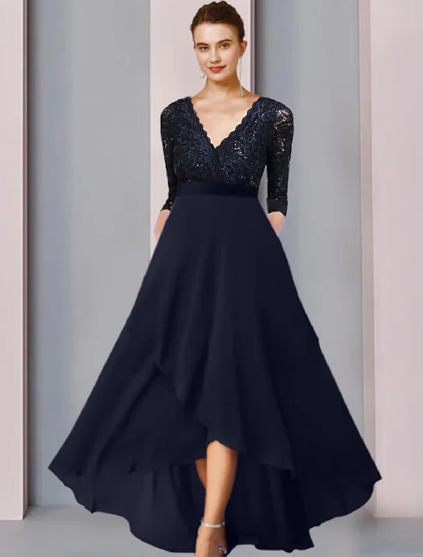 petite wedding dressesA-Line Mother of the Bride Dress Elegant High Low V Neck Asymmetrical Tea Length Chiffon Lace 3/4 Length Sleeve with Sequin