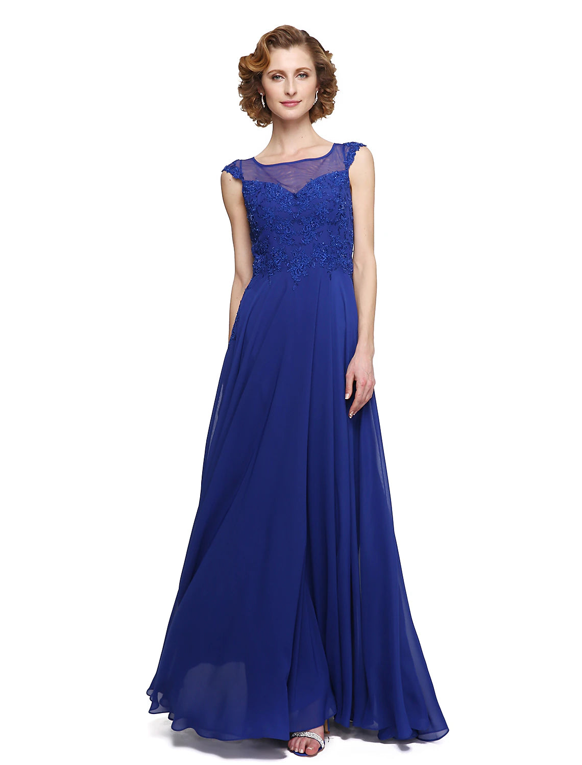 wedding dress with trainA-Line Mother of the Bride Dress Elegant Jewel Neck Ankle Length Chiffon Lace Sleeveless with Appliques