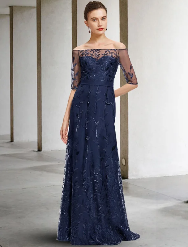 bespoke wedding dressesA-Line Mother of the Bride Dress Elegant Sparkle & Shine Off Shoulder Floor Length Lace Tulle Half Sleeve with Sequin Appliques