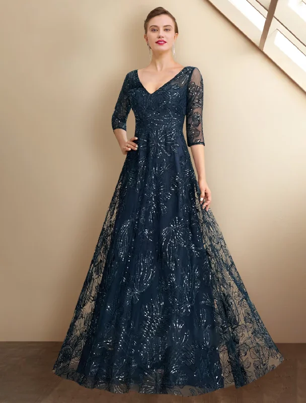 fairy tale wedding dressesA-Line Mother of the Bride Dress Elegant Sparkle & Shine V Neck Floor Length Chiffon Lace Sequined 3/4 Length Sleeve with Sequin Appliques