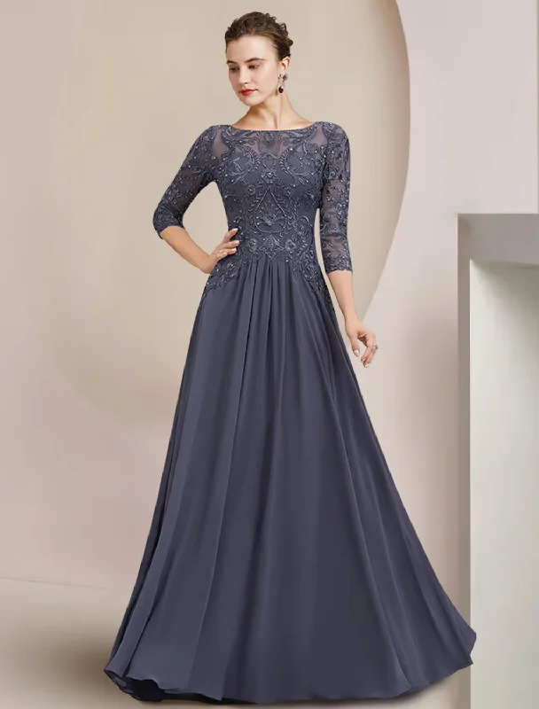 custom wedding dressesA-Line Mother of the Bride Dress Formal Elegant Scoop Neck Floor Length Tea Length Chiffon Lace Half Sleeve with Beading Appliques