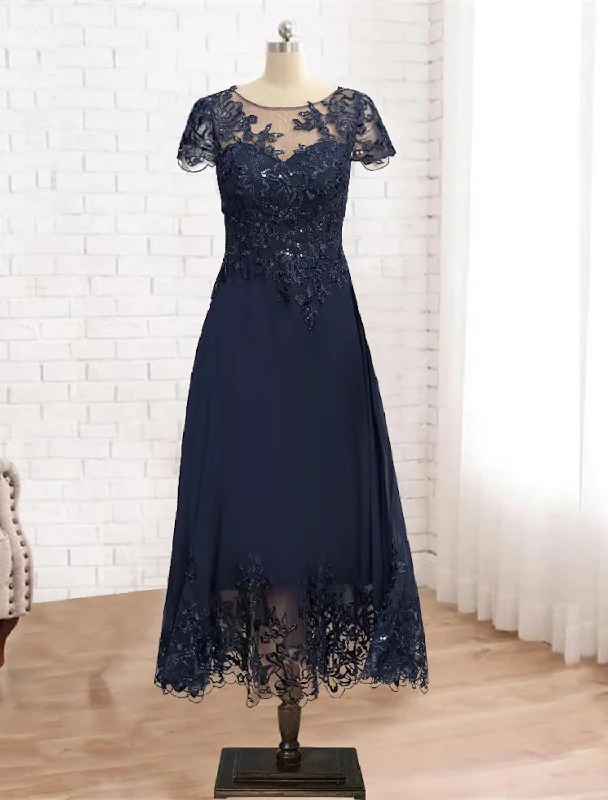 modern elegance wedding dressesA-Line Mother of the Bride Dress Formal Vintage Elegant Scoop Neck Tea Length Lace 3/4 Length Sleeve with Sequin Appliques