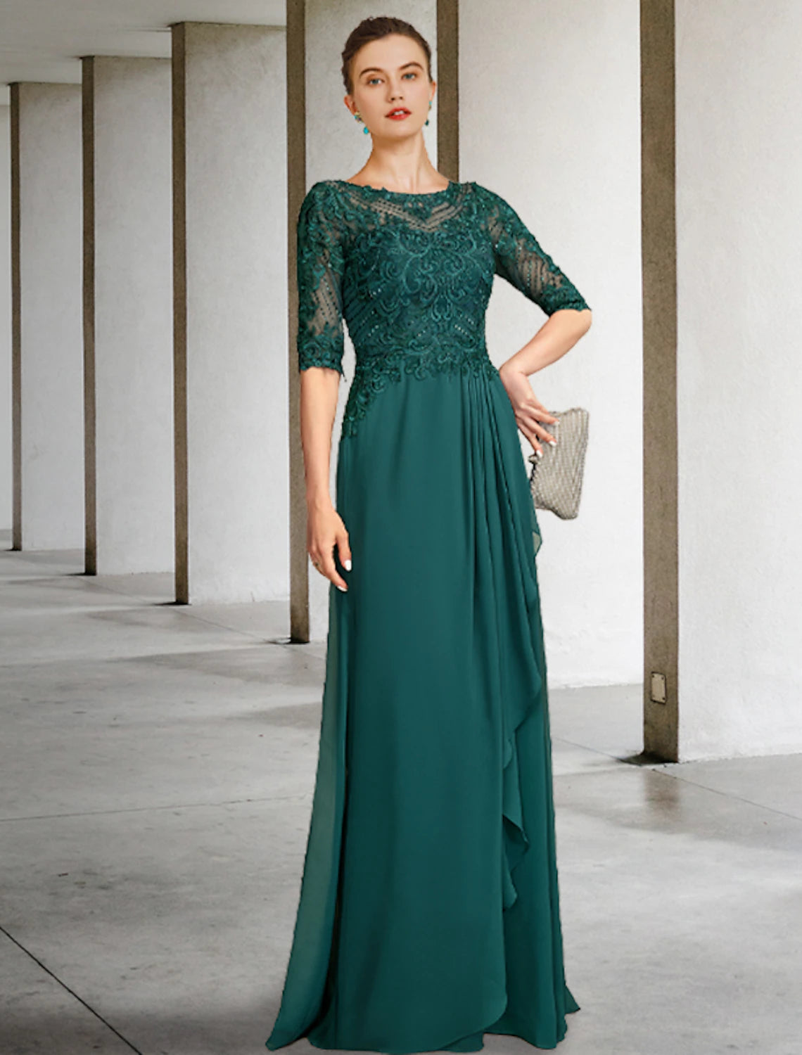 lace wedding dressesA-Line Mother of the Bride Dress Luxurious Elegant Jewel Neck Floor Length Chiffon Lace Half Sleeve with Pleats Beading Appliques