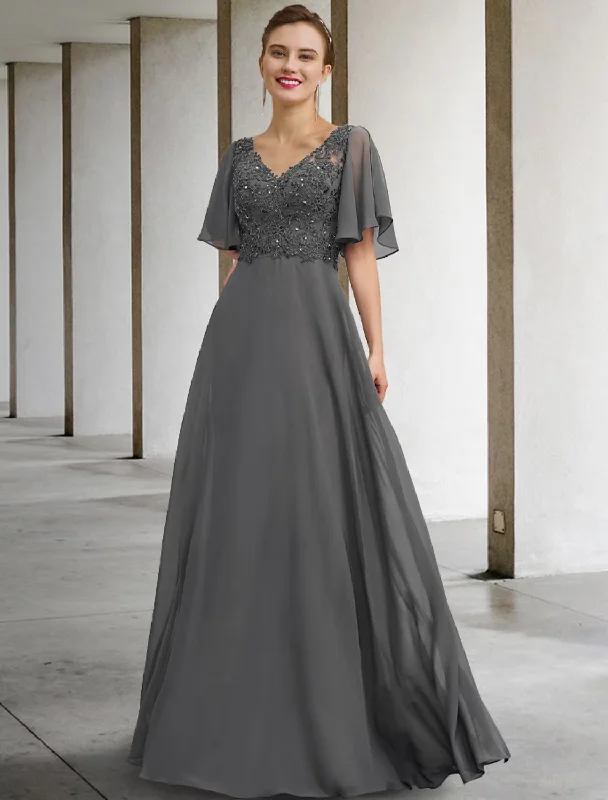 ready-to-wear wedding dressesA-Line Mother of the Bride Dress Luxurious Elegant V Neck Floor Length Chiffon Lace Short Sleeve with Beading Appliques