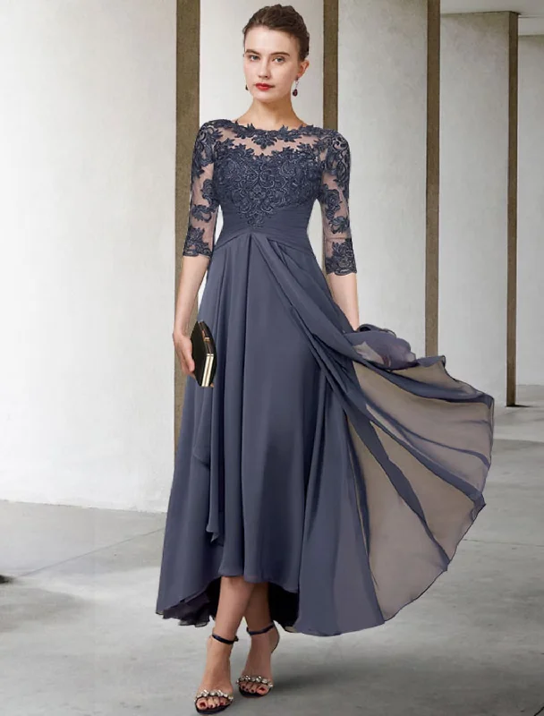 church wedding dressesA-Line Mother of the Bride Dress Plus Size Elegant High Low Jewel Neck Asymmetrical Tea Length Chiffon Lace Half Sleeve with Ruched Appliques