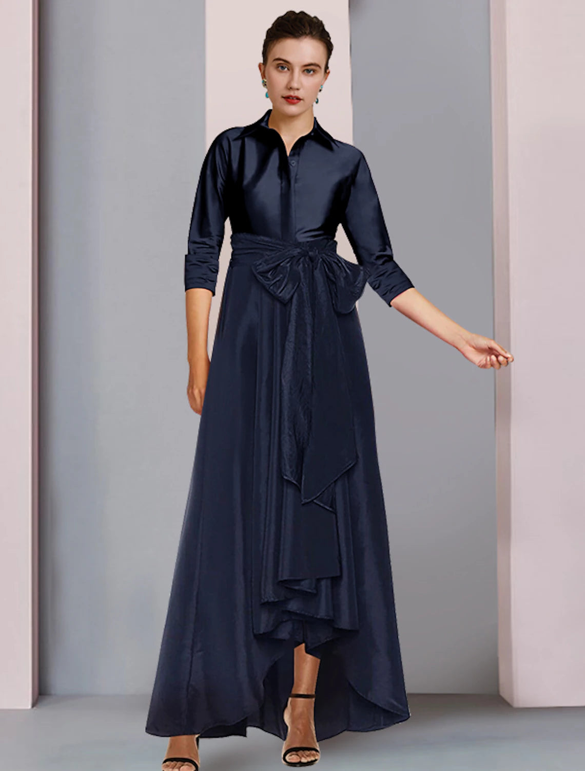 A-line wedding dressesA-Line Mother of the Bride Dress Plus Size Elegant High Low Shirt Collar Asymmetrical Floor Length Satin 3/4 Length Sleeve with Sash / Ribbon Bow(s) Pleats