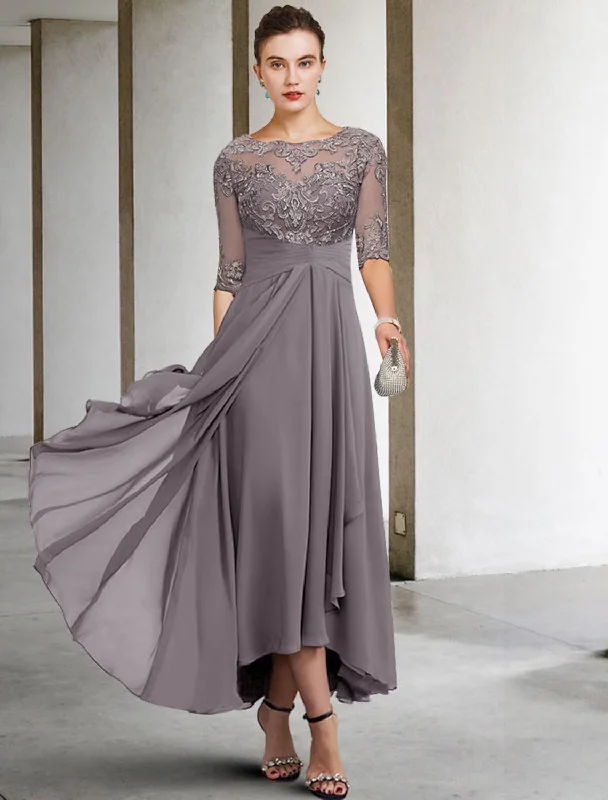 unique wedding dressesA-Line Mother of the Bride Dress Plus Size Elegant High Low V Neck Asymmetrical Ankle Length Chiffon Lace Half Sleeve with Beading Appliques