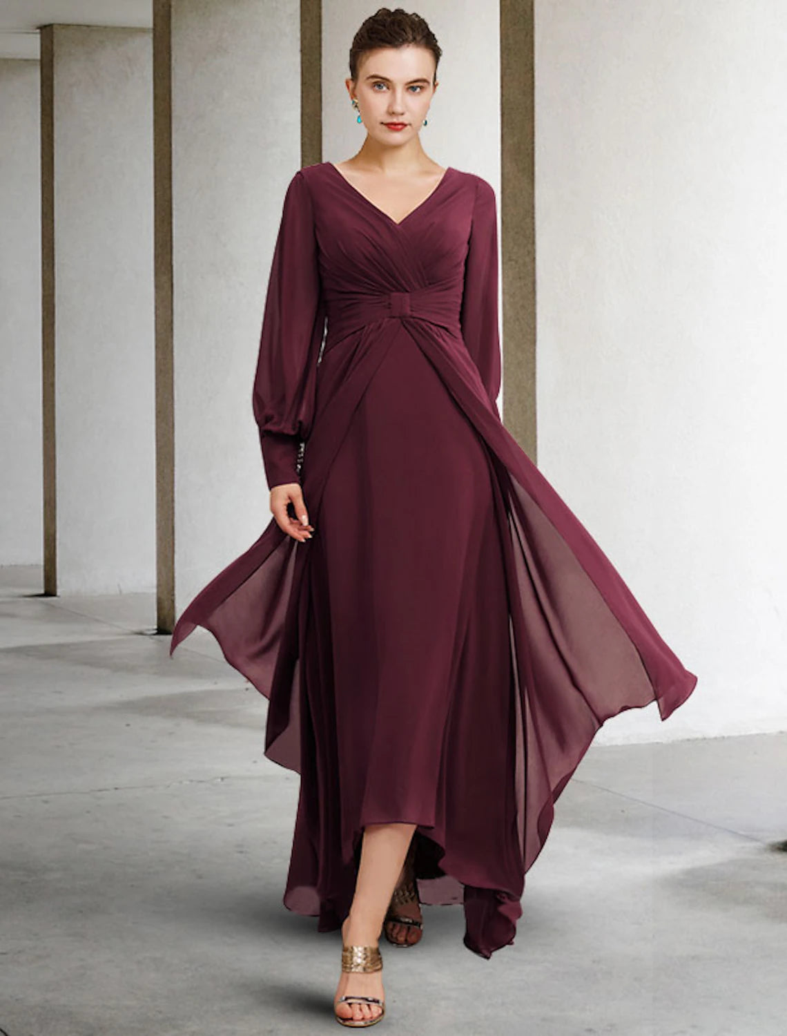 sweetheart neckline wedding dressesA-Line Mother of the Bride Dress Plus Size Elegant High Low V Neck Asymmetrical Floor Length Chiffon Long Sleeve with Pleats Ruched