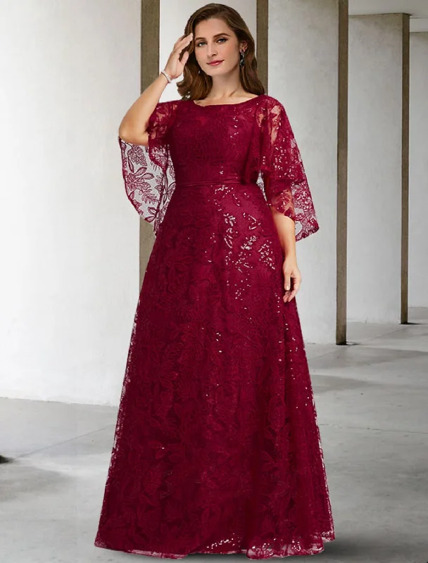 romantic wedding dressesA-Line Mother of the Bride Dress Plus Size Elegant Jewel Neck Floor Length Lace Half Sleeve No with Sequin Appliques