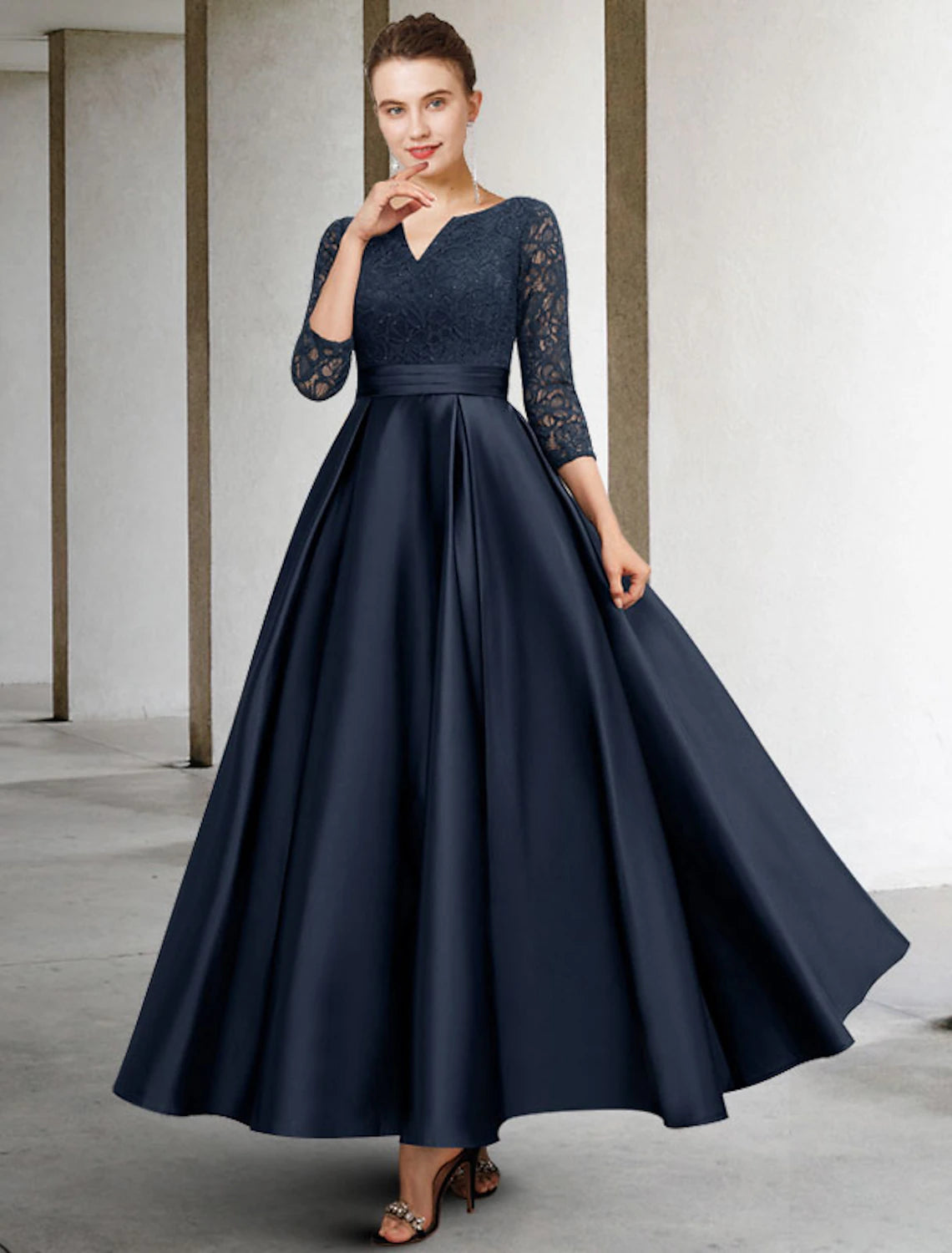 ball gown wedding dressesA-Line Mother of the Bride Dress Plus Size Elegant V Neck Ankle Length Satin Lace 3/4 Length Sleeve No with Pleats Ruched