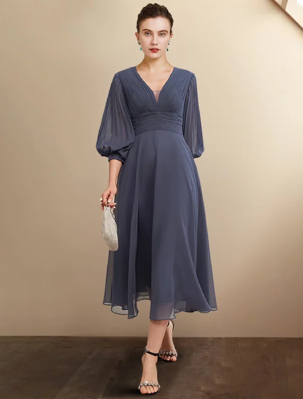 affordable wedding dressesA-Line Mother of the Bride Dress Plus Size Elegant V Neck Tea Length Chiffon 3/4 Length Sleeve with Pleats Ruched