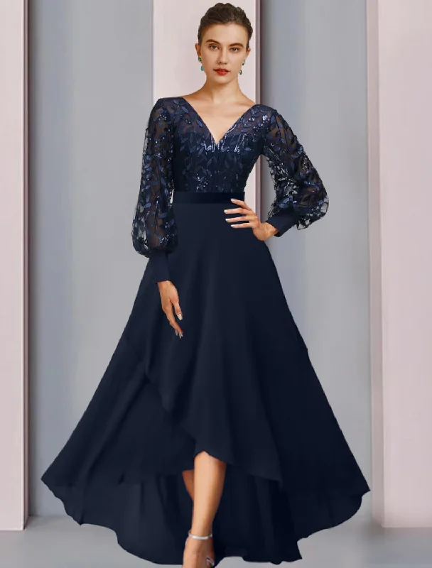 garden wedding dressesA-Line Mother of the Bride Dress Sparkle & Shine High Low Jewel Neck Asymmetrical Tea Length Chiffon Lace Sequined Long Sleeve with Sequin Appliques