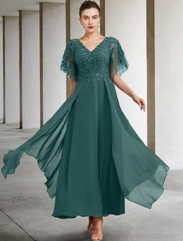 simple wedding dressesA-Line Plus Size Curve Mother of the Bride Dress Elegant Jewel Neck Ankle Length Chiffon Lace Short Sleeve with Beading Sequin Appliques