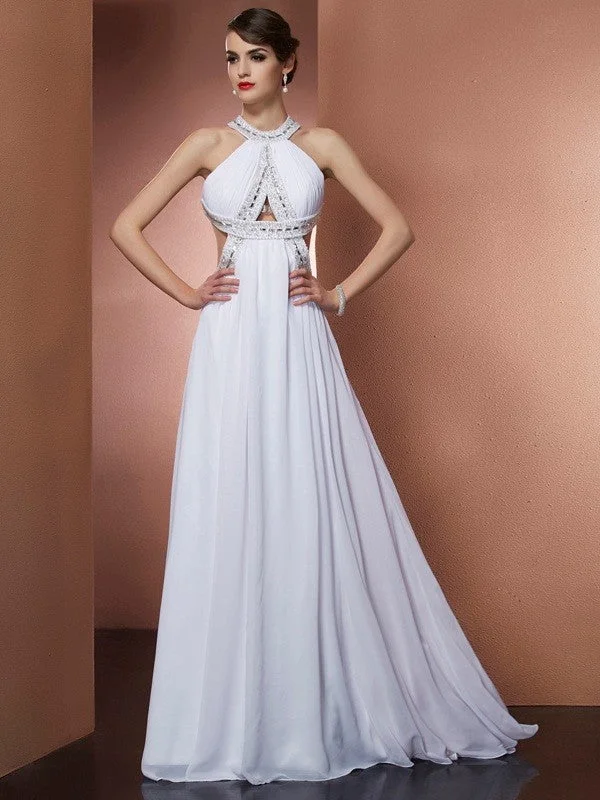 maxi dresses for semi-formal eventsA-Line/Princess Bateau Sleeveless Beading Long Chiffon Dresses