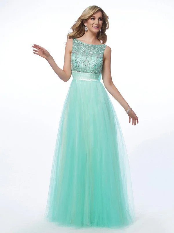 maxi dresses for cool weatherA-Line/Princess Bateau Sleeveless Beading Long Net Dresses