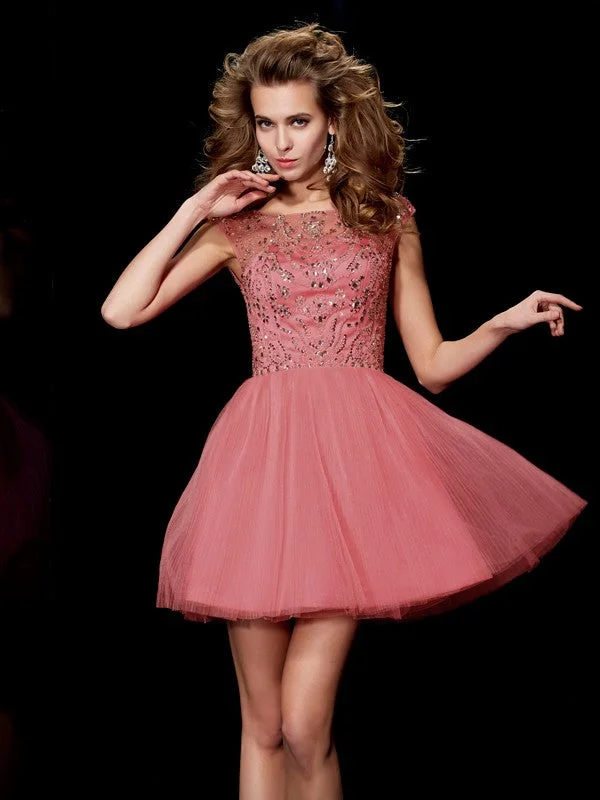 bridesmaid party dressesA-Line/Princess Bateau Sleeveless Beading Short Satin Homecoming Dresses