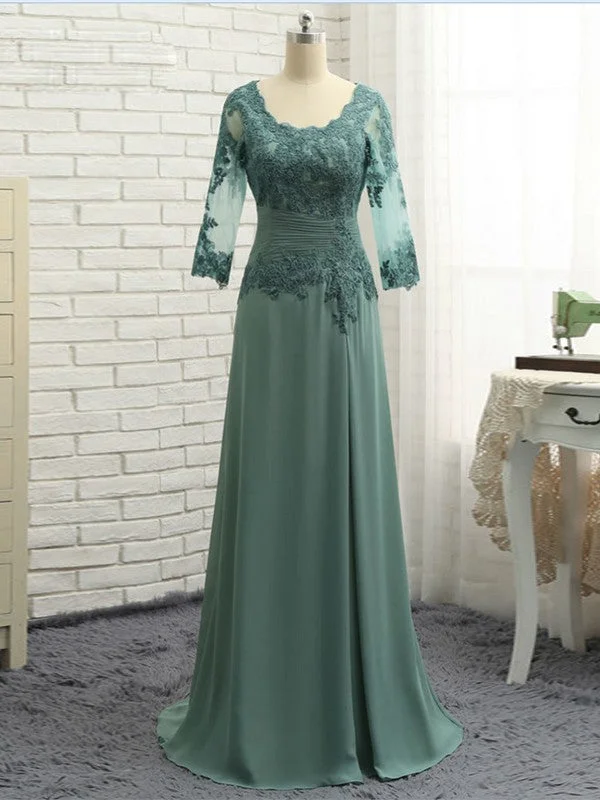 wedding dress inspirationA-Line/Princess Chiffon Applique Scoop 3/4 Sleeves Sweep/Brush Train Mother of the Bride Dresses