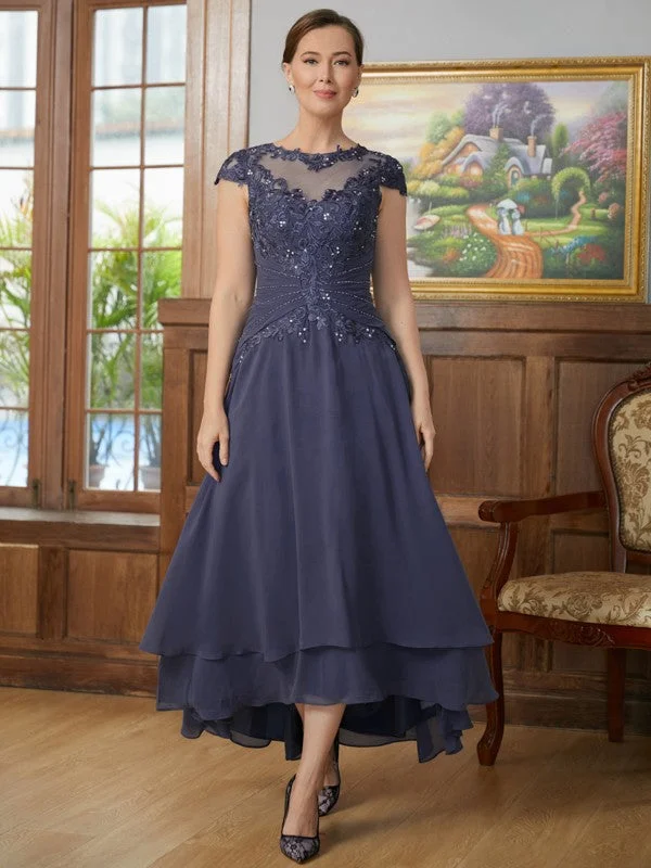 mermaid-inspired wedding dressesA-Line/Princess Chiffon Applique Scoop Short Sleeves Asymmetrical Mother of the Bride Dresses