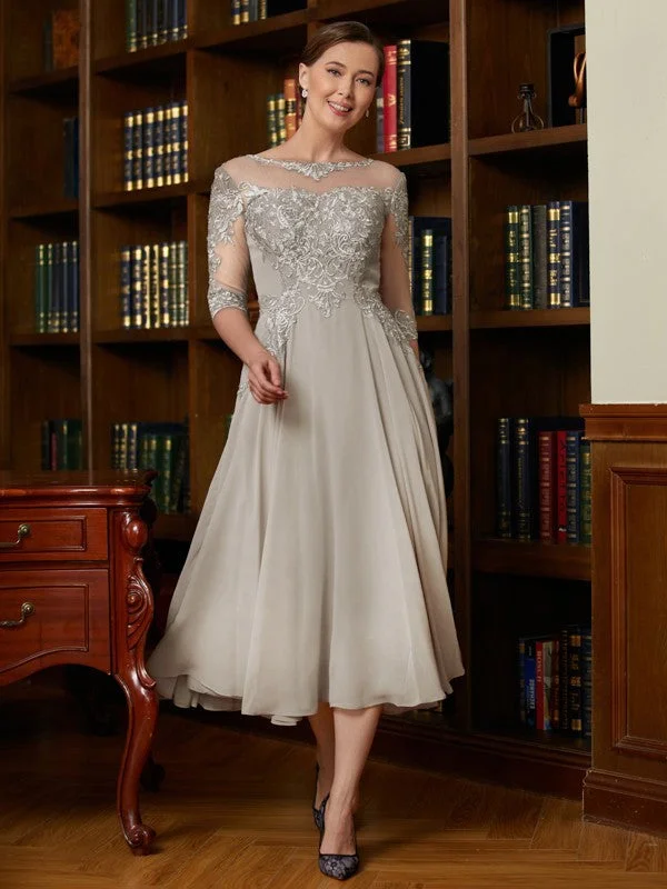 glamorous bohemian wedding dressesA-Line/Princess Chiffon Lace Scoop 3/4 Sleeves Tea-Length Mother of the Bride Dresses