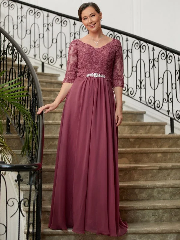 intricate wedding dressesA-Line/Princess Chiffon Lace V-neck 3/4 Sleeves Floor-Length Mother of the Bride Dresses