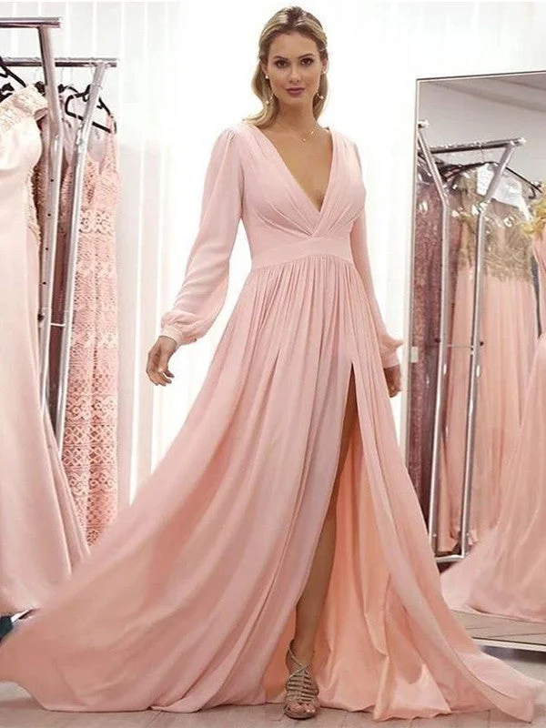 wedding dress cleaningA-Line/Princess Chiffon Ruffles V-neck Long Sleeves Sweep/Brush Train Mother of the Bride Dresses